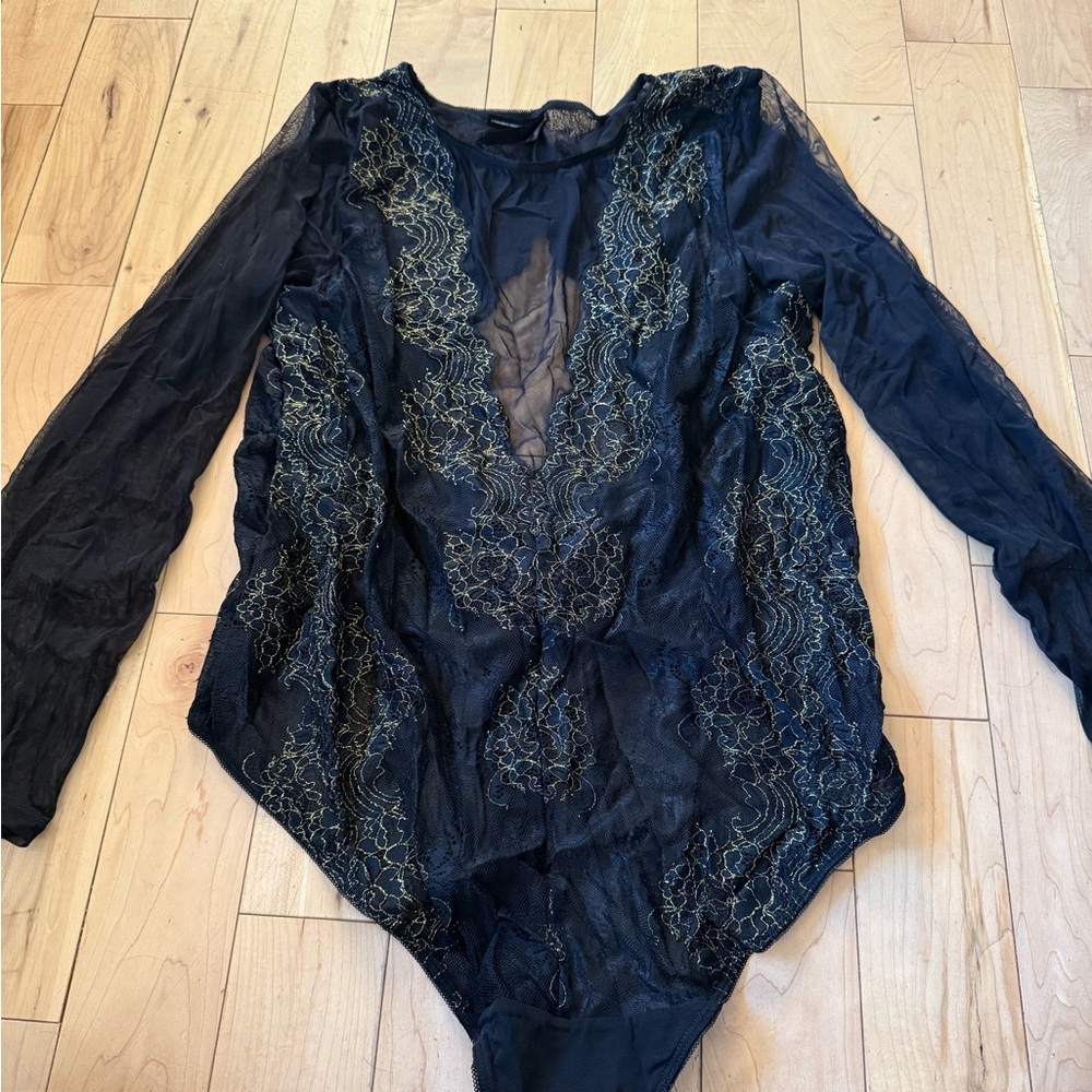 Torrid Black and Gold Embroidered Bodysuit